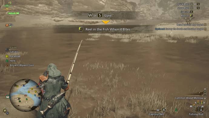 The player hunter in Monster Hunter Wilds fishes with a fishing rod in an oasis in the Plains. Tooltips at the top of the screen explain the fishing process.