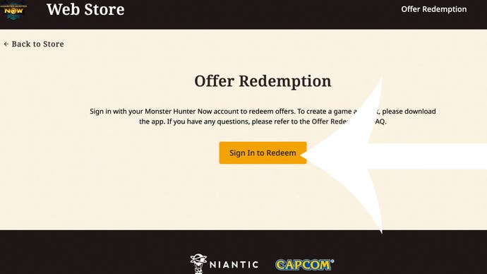 Website used to redeem Monster Hunter Now codes, with an arrow pointing at the sign-in button.