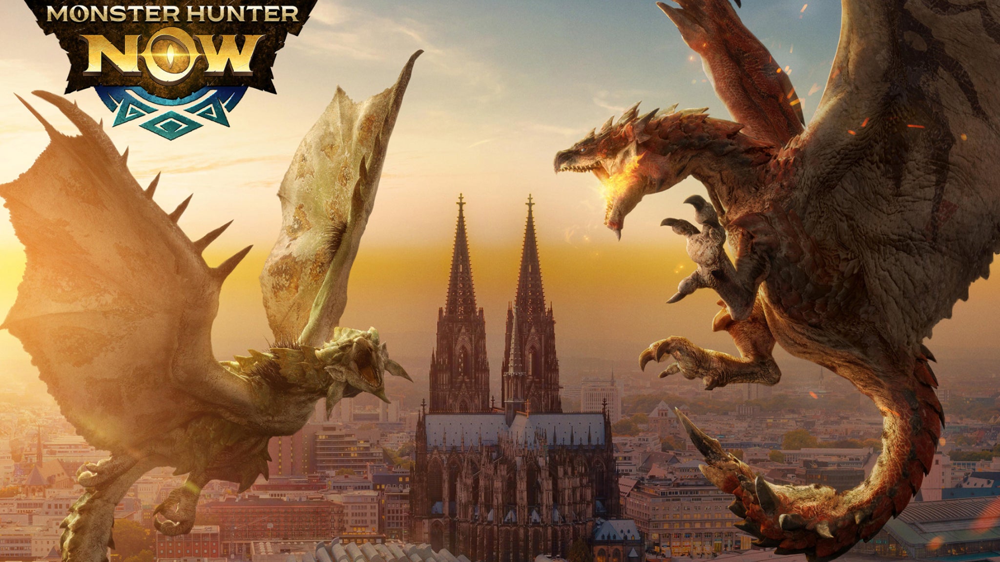 Monster Hunter Now promotional picture showing two huge computer generated monsters, battling it out with a real-life city in the background. - 3