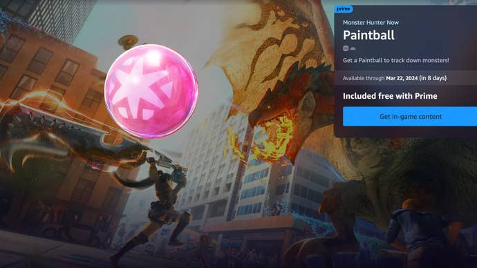 Prime Gaming page showing limited-time rewards for Monster Hunter Now, with subscribers able to claim a Paintball.