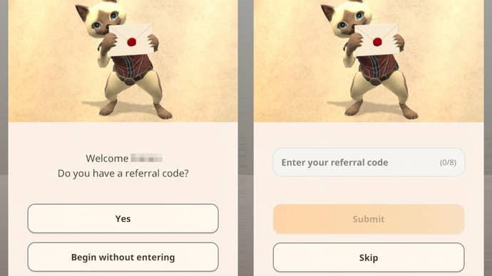 Monster Hunter Now menu screens for redeeming referral codes.
