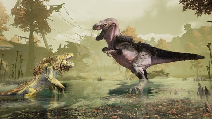 A Monster Hunter Outlanders screenshot showing an Anjanath and Great Jagras facing off in a misty swamp.