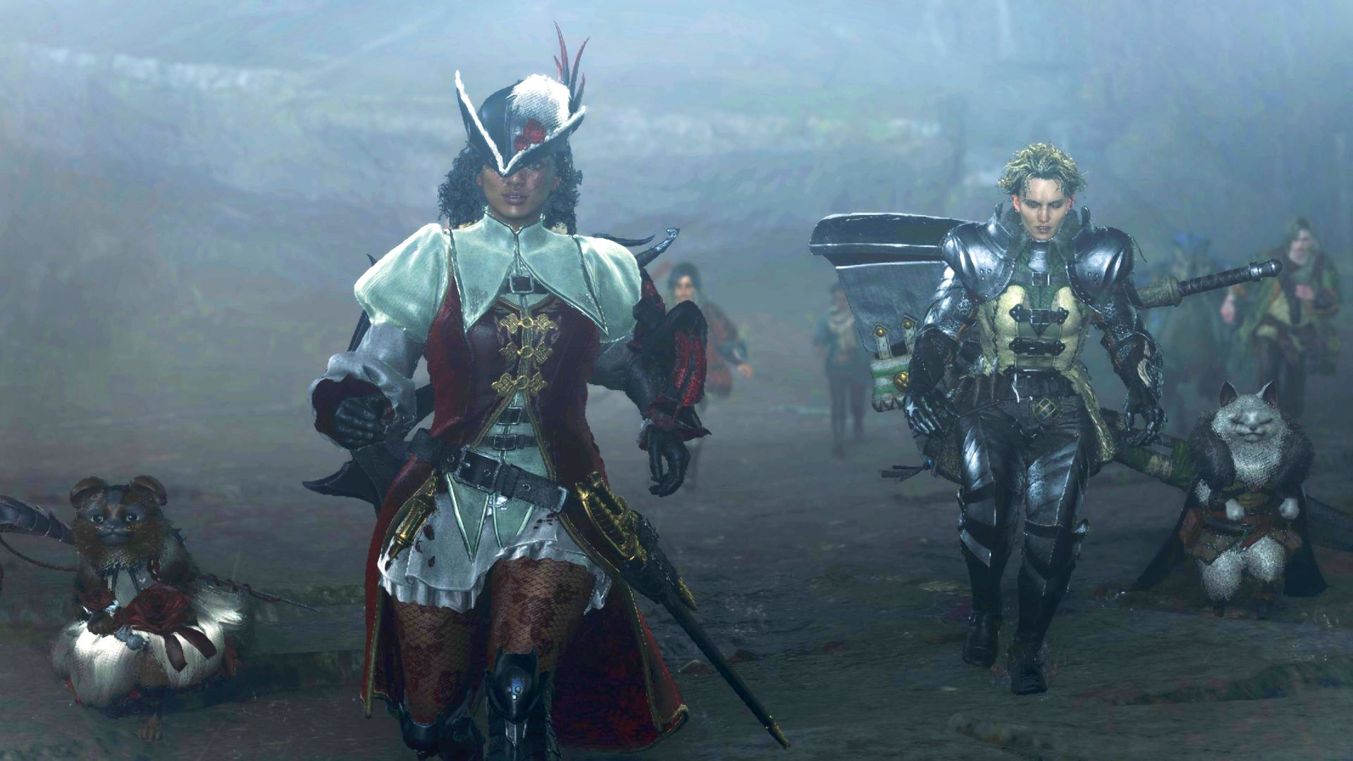 The Hunter and Olivia run into the fray alongside a bunch of Palicos in Monster Hunter Wilds. - 1