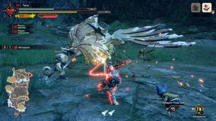 A warrior fights a large, umbrella-like bird in Monster Hunter Rise