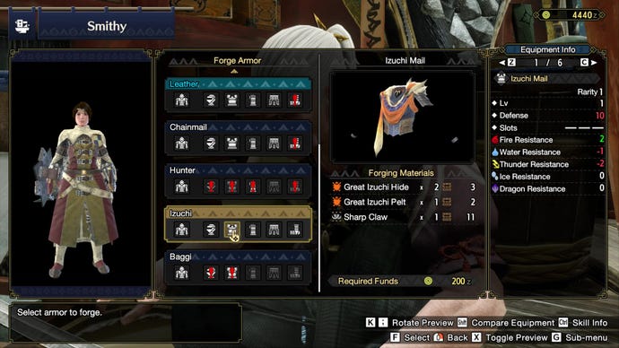 The Smithy’s crafting station in Monster Hunter Rise, with the Izuchi Mail piece about to be crafted from the menu.