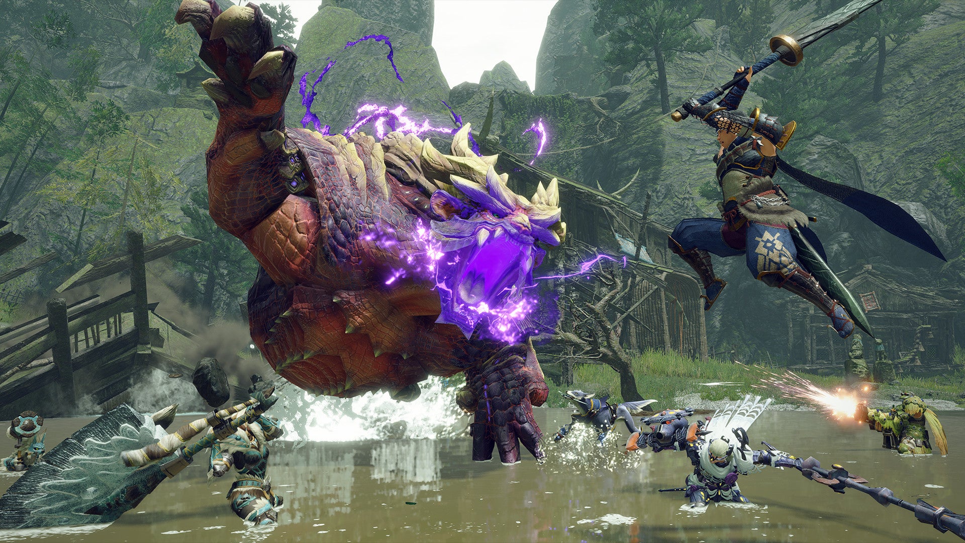 A Monster Hunter Rise character battling a large, purple-glowing monster with the aid of several Buddies. - 4