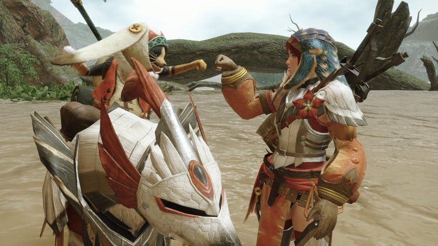 A female hunter fist bumps her feline Palico in Monster Hunter Rise