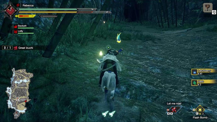 A Hunter riding a Palamute mount, about to collect a Spiribird in Monster Hunter Rise.