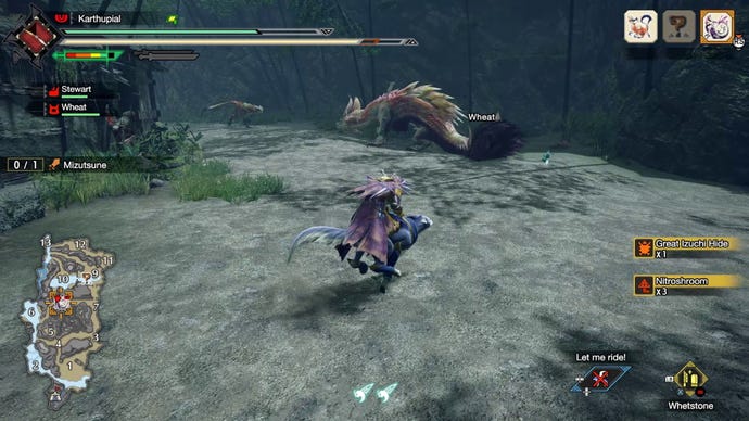 Two dinosaur monsters attack each other in Monster Hunter Rise on PC