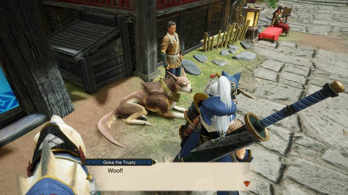 A hunter speaks to a woofing Palamute in Monster Hunter Rise.