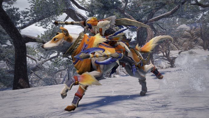Monster Hunter Rise character on a big dog-like monster called a Palamute running through the snow
