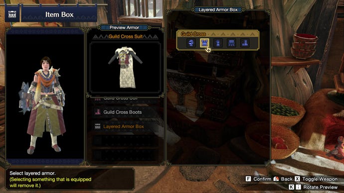 Trying on Layered Armor cosmetic looks in Monster Hunter Rise.