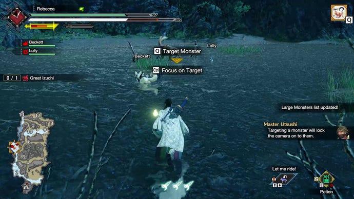 During a large monster fight in Monster Hunter Rise, the various lock-on options are tutorialised on screen.