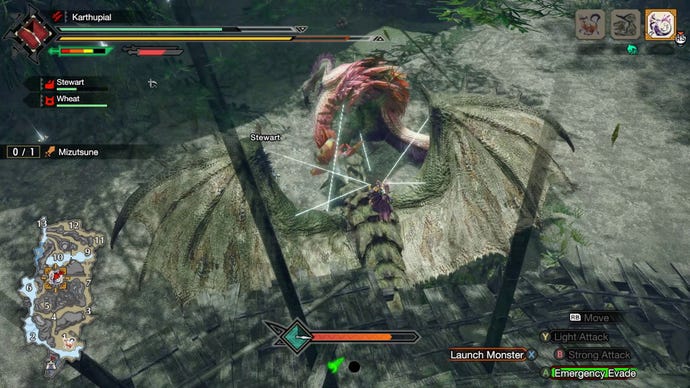 A warrior mounts a dragon to fight another dragon in Monster Hunter Rise on PC