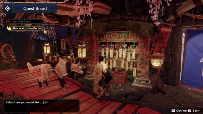 Viewing the multiplayer Hub Quest board in Monster Hunter Rise.