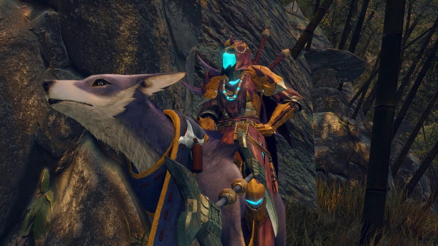 A warrior sits proudly on her Palamute dog in Monster Hunter Rise on PC