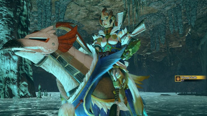 A screenshot of a hunter striking a victorious pose while riding their Palamute dog in Monster Hunter Rise