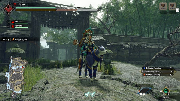 A hunter, riding her dog-like palamute, explores an abandoned village in Monster Hunter Rise.