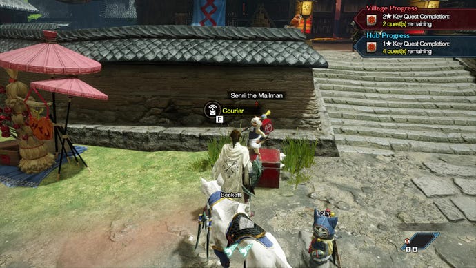 Senri the Mailman seen at his station in Kamura Village Plaza in Monster Hunter Rise.