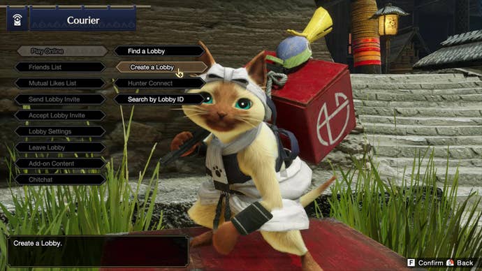 Talking with Senri the Mailman in Monster Hunter Rise, with the multiplayer lobby options displayed.