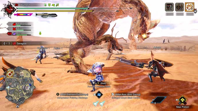 A hunter and their NPC companion Arlow battle the mighty Seregios in Monster Hunter Rise: Sunbreak