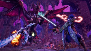 Two hunters face off against the vampiric dragon Malzeno in Monster Hunter Rise: Sunbreak