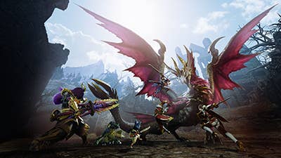Monster Hunter Sunbreak screenshot showing group of hunters against a dragon-like monster with wings