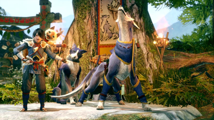 Dog friends in a screenshot from the Switch version of Monster Hunter Rise.
