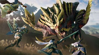 Monster Hunter Rise artwork showing hunters and a cat-like Palico attacking the fearsome Magnamalo.
