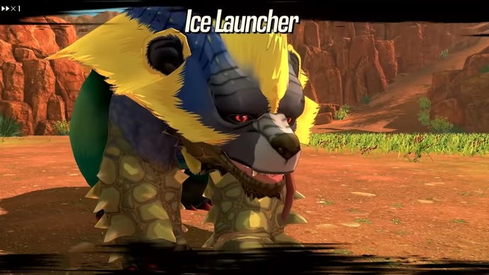 Monster Hunter Stories 2 - A closeup of an Arzuros during a battle with top text reading “Ice Launcher” prior to an attack.
