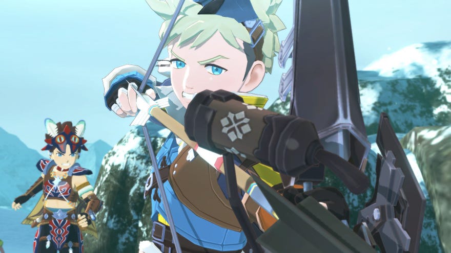 An image from Monster Hunter Stories 2 which shows a character angrily pulling back on a bow string, while another pursues them in the background.
