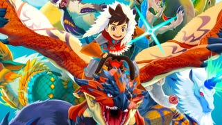 Promotional artwork for Monster Hunter Stories showing the player character riding atop a Rathalos.