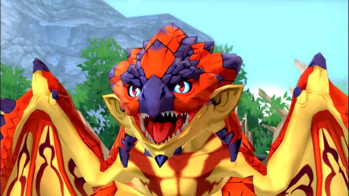A massive red dragon in the Monster Hunter Stories remake