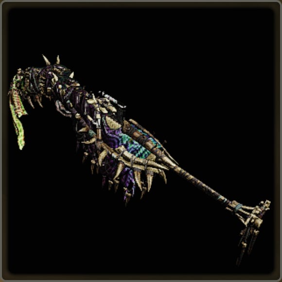 A close-up of a weapon in Monster Hunter Wilds against a black background.