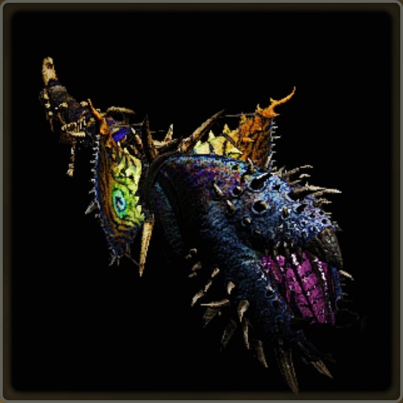 A close-up of a weapon in Monster Hunter Wilds against a black background.
