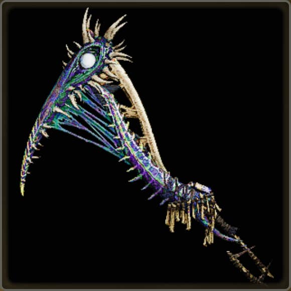 A close-up of a weapon in Monster Hunter Wilds against a black background.