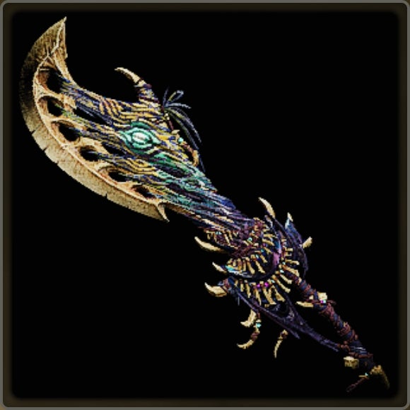 A close-up of a weapon in Monster Hunter Wilds against a black background.