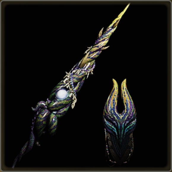 A close-up of a weapon in Monster Hunter Wilds against a black background.