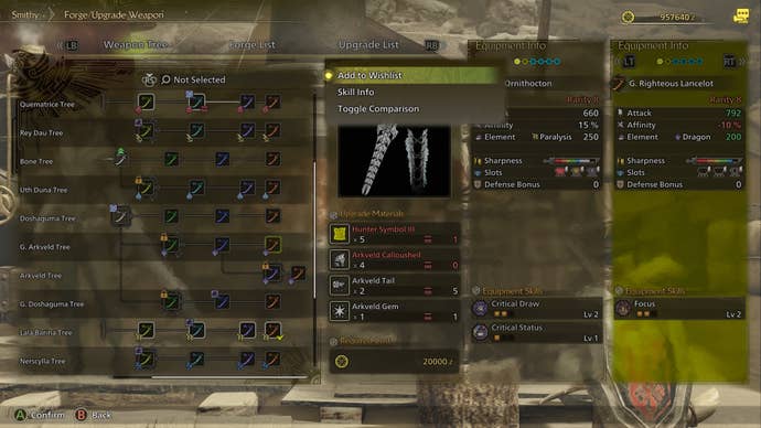 The weapon upgrade menu in Monster Hunter Wilds, with the “Add To Wishlist” function shown on-screen.