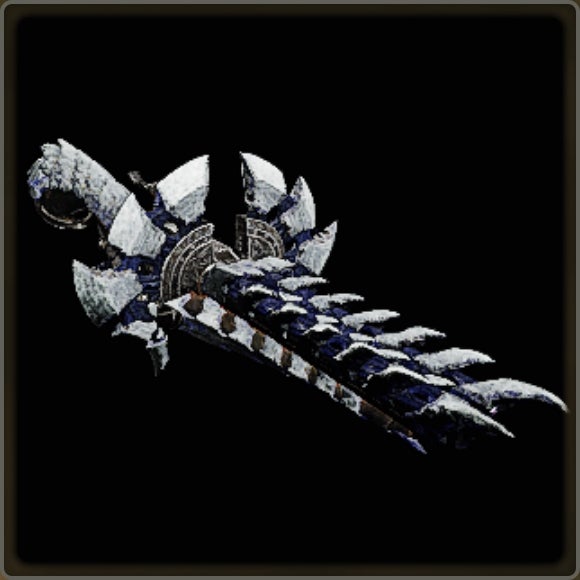 A close-up of a weapon in Monster Hunter Wilds against a black background.