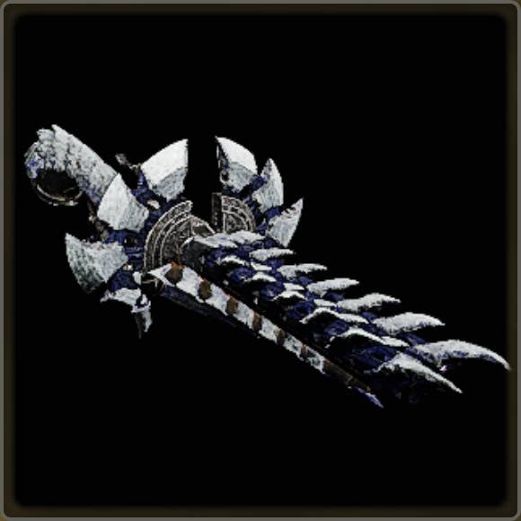 A close-up of a weapon in Monster Hunter Wilds against a black background.