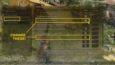 A screenshot of the Monster Hunter Wilds keyboard configuration menu, with the Aim Weapon and Guard keybinds highlighted.