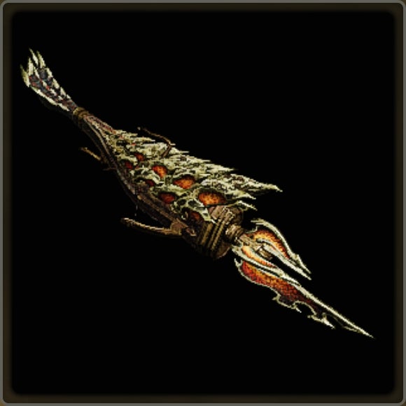A close-up of a weapon in Monster Hunter Wilds against a black background.