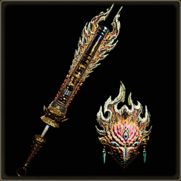 A close-up of a weapon in Monster Hunter Wilds against a black background.