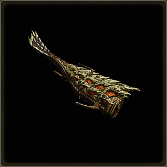 A close-up of a weapon in Monster Hunter Wilds against a black background. - 13