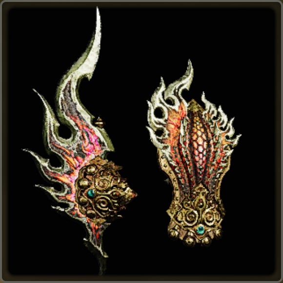 A close-up of a weapon in Monster Hunter Wilds against a black background.