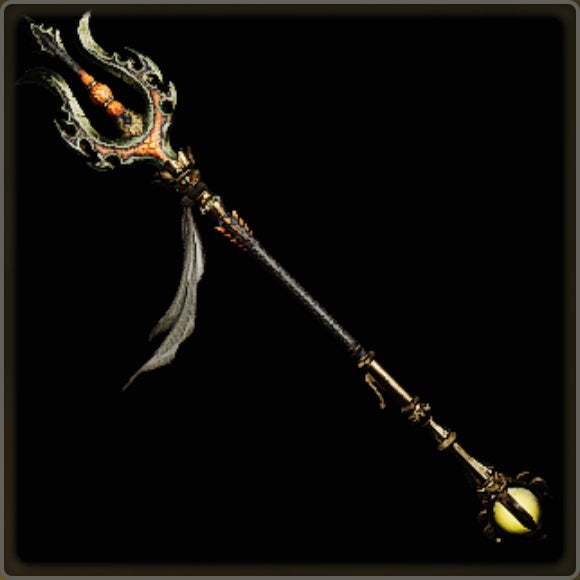 A close-up of a weapon in Monster Hunter Wilds against a black background. - 15