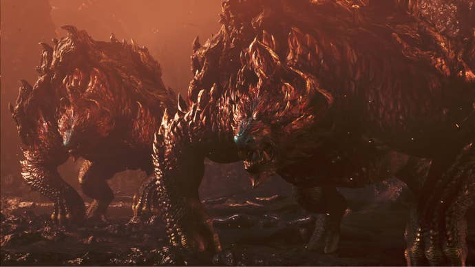 Two Ajarakan, large monsters in Monster Hunter Wilds, face off against the player hunter in the Oilwell Basin.