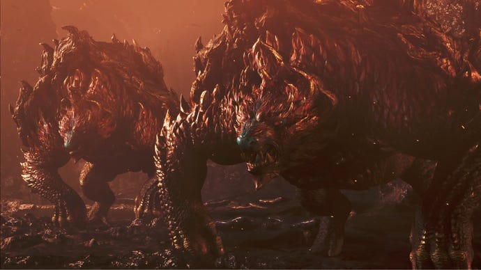 Dos Ajarakan, grandes monstruos en Monster Hunter Wilds, se enfrentan al Jugador Hunter en la cuenca Oilwell.