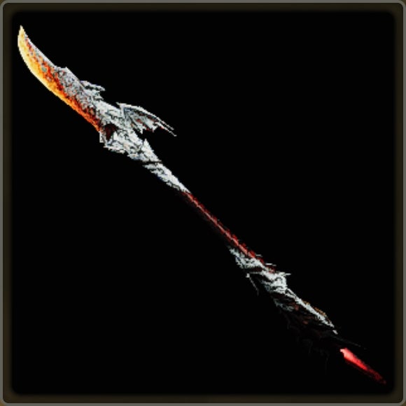 A close-up of a weapon in Monster Hunter Wilds against a black background.